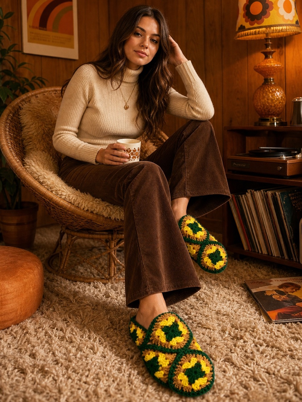 Vintage 70s Handmade Crochet Granny Square Slippers Green Yellow  Cottagecore